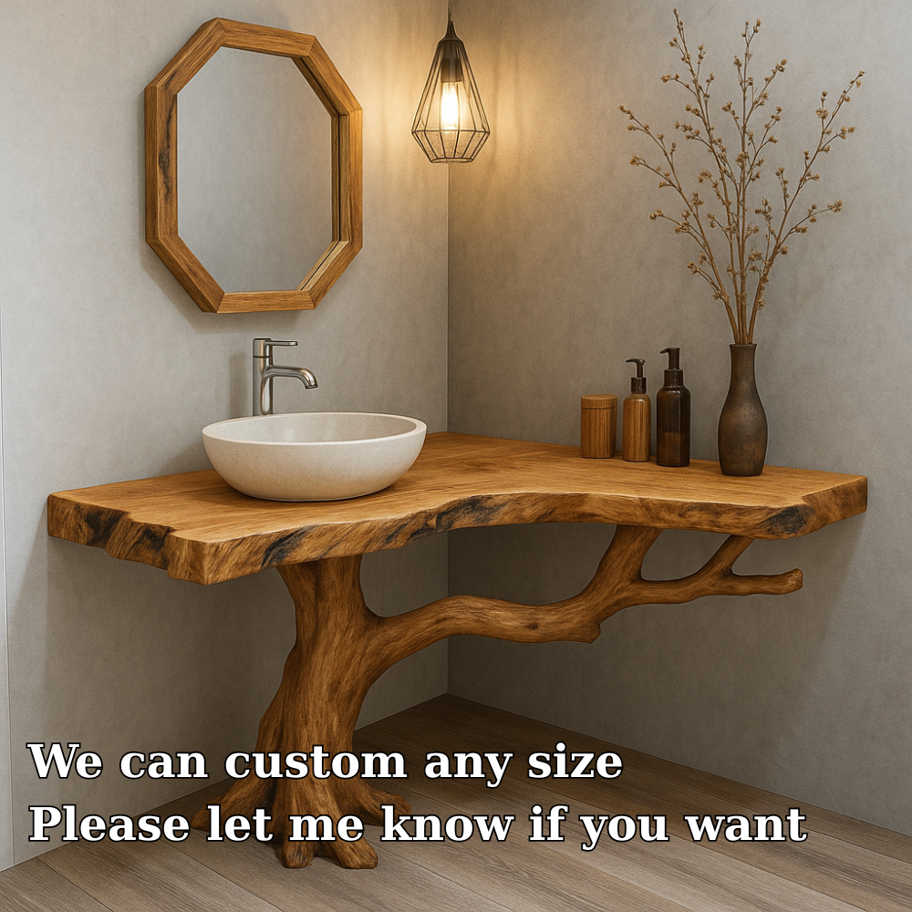Handcrafted Solid Wood Bathroom Vanity – Organic Tree Branch Base with Live Edge Top Kitchnce