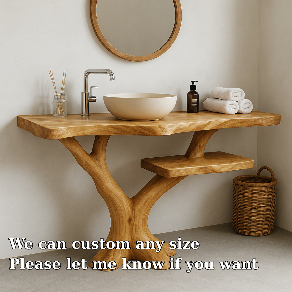 Handcrafted Solid Wood Bathroom Vanity – Natural Tree Form Design with Floating Shelf Kitchnce