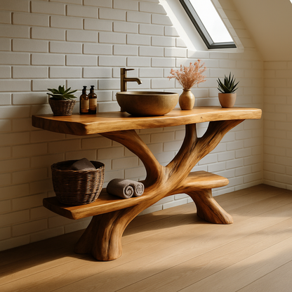 Handcrafted Solid Wood Bathroom Vanity – Rustic Organic Double Shelf Design for Modern Homes Kitchnce