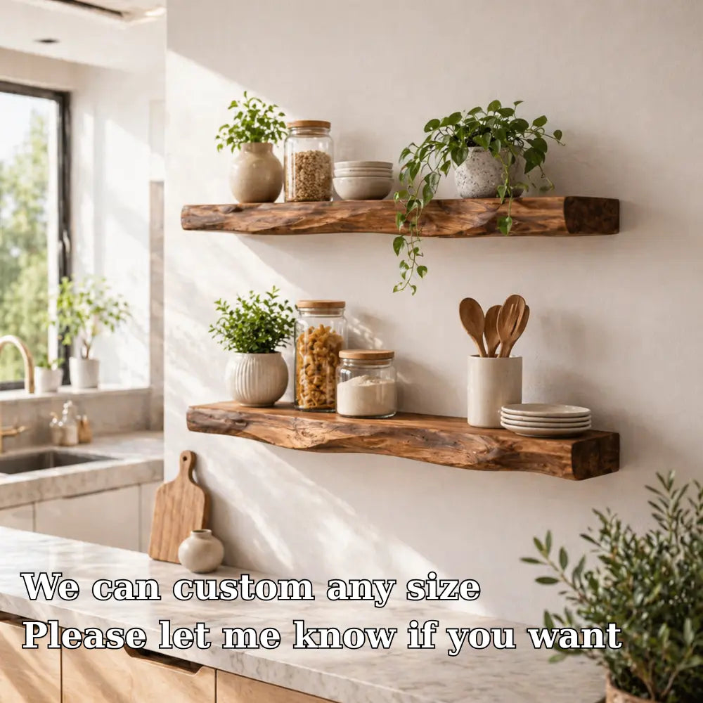 Solid Wood Floating Wall Shelf Rustic Live Edge Kitchen Wall Mounted Shelf Kitchnce