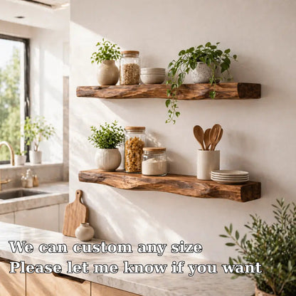 Solid Wood Floating Wall Shelf Rustic Live Edge Kitchen Wall Mounted Shelf Kitchnce