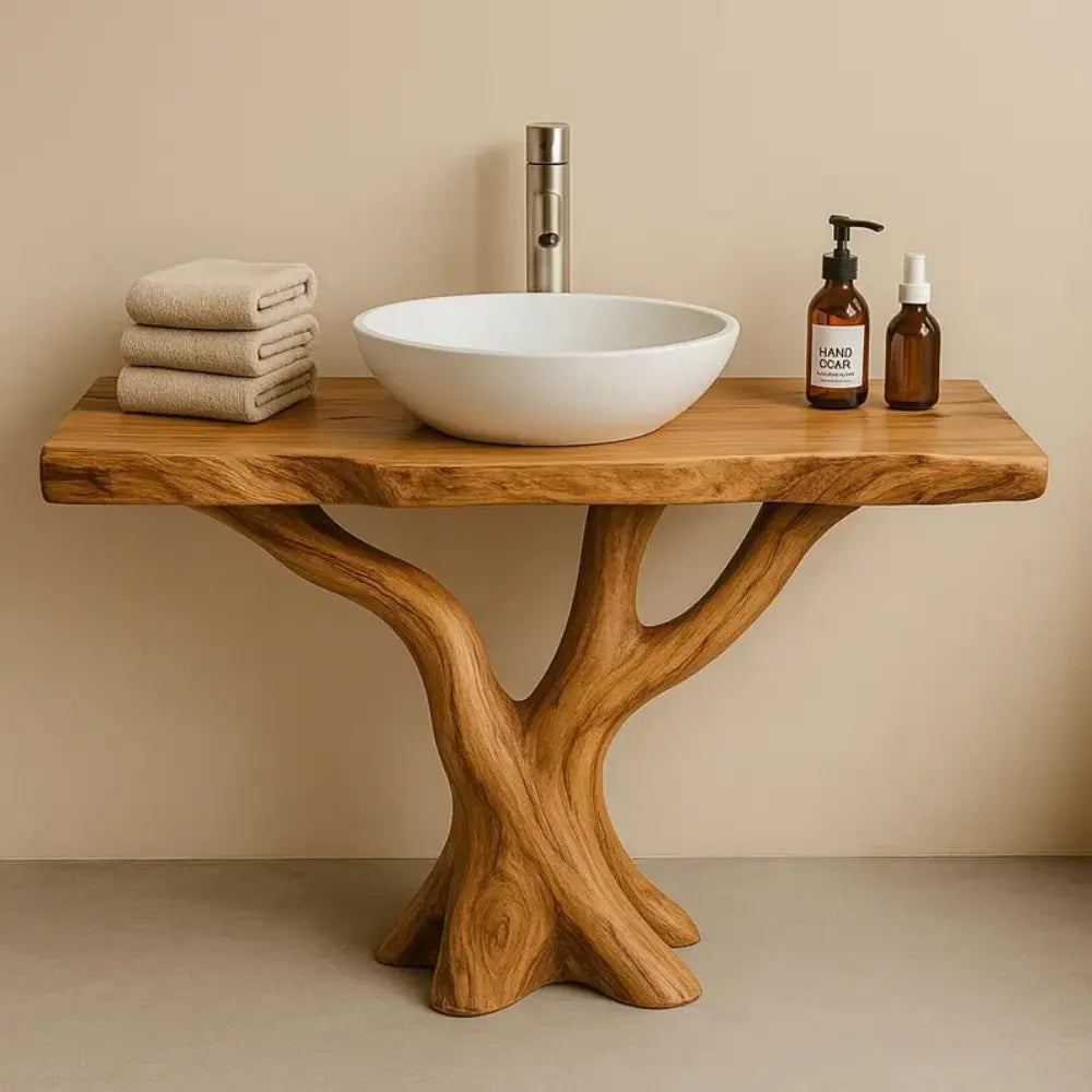 Handcrafted Solid Wood Bathroom Vanity with Tree Design – Natural Organic Sink Console Kitchnce