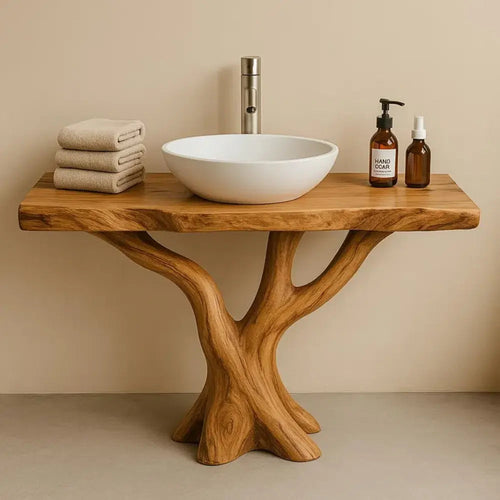 Handcrafted Solid Wood Bathroom Vanity with Tree Design – Natural Organic Sink Console Kitchnce