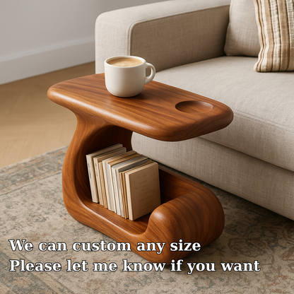 Handcrafted Solid Wood Armrest Table – Sculpted Sofa Side Table with Storage Shelf Kitchnce