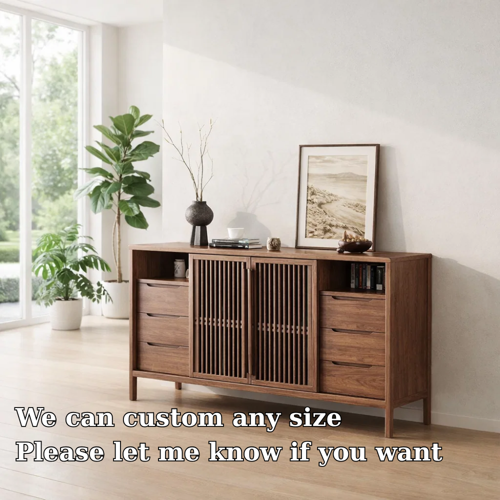 Large Sideboard Cabinet with Slatted Doors and Drawers – Modern Storage Console