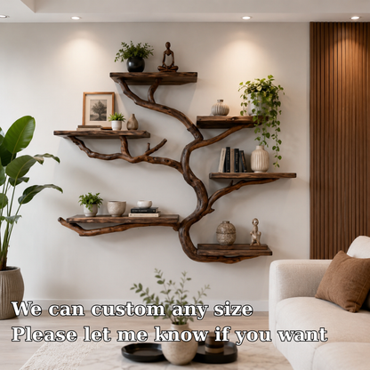 Handcrafted Solid Wood Tree Bookshelf, Organic Wall Mounted Floating Shelf