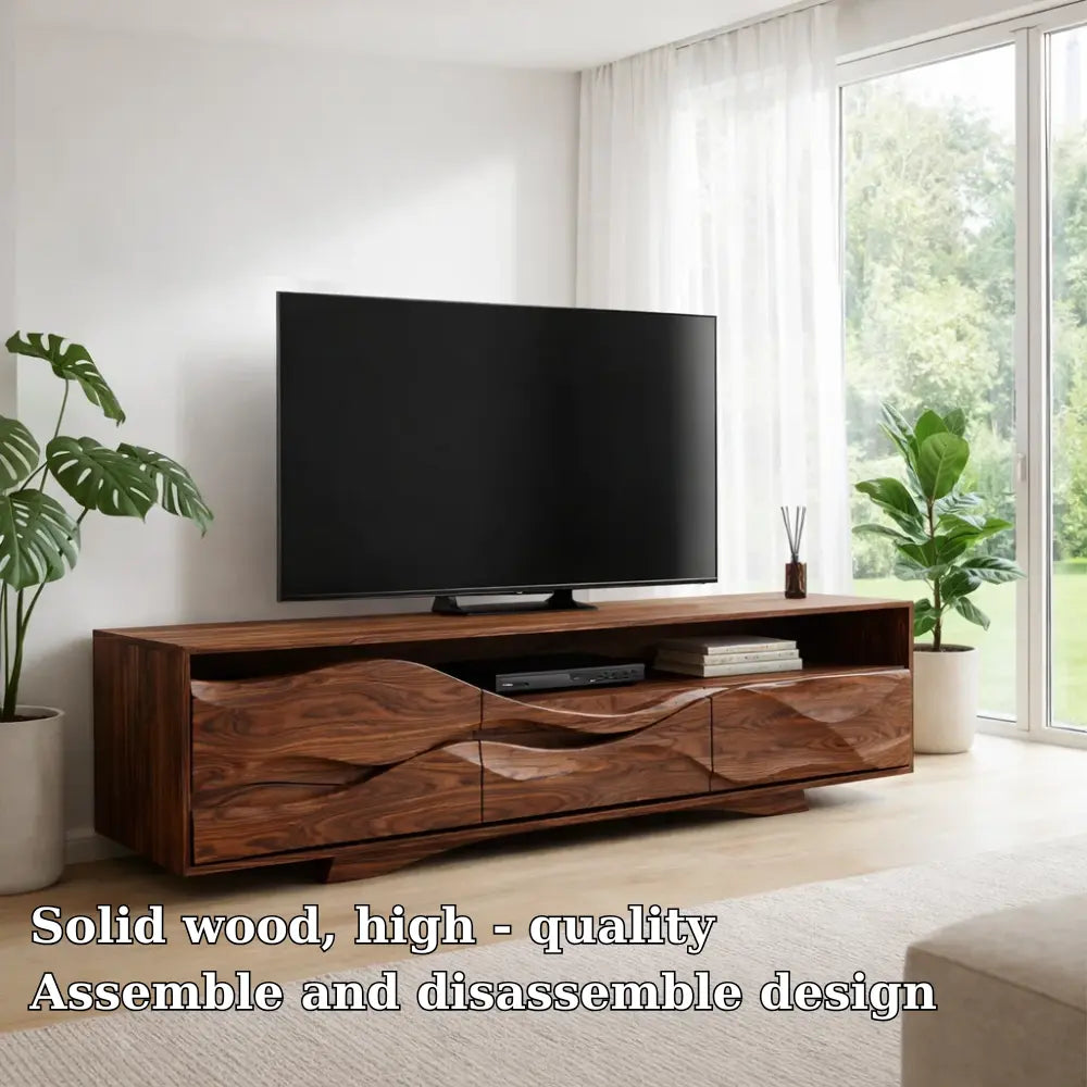 Solid Wood TV Cabinet with Wave Design – Modern Walnut Media Console Kitchnce