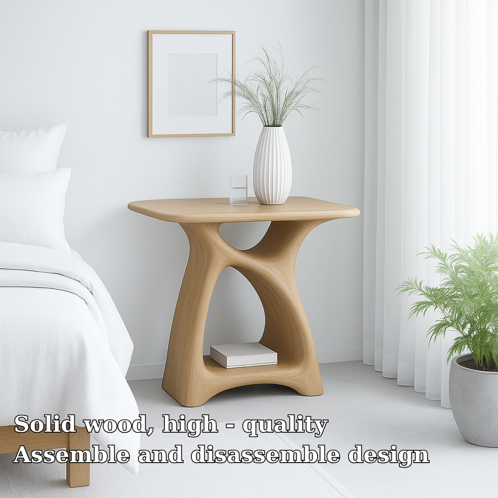 Handcrafted Solid Wood Nightstand – Modern Sculptural Bedside Table with Open Shelf Kitchnce