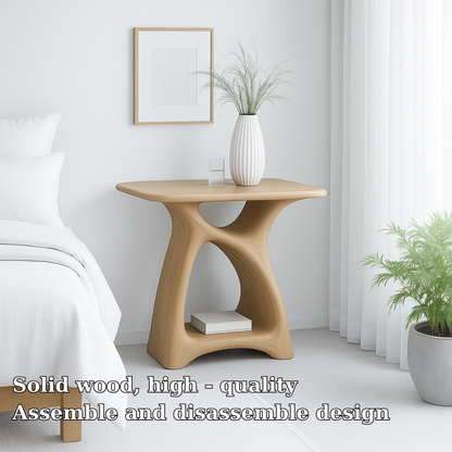 Handcrafted Solid Wood Nightstand – Modern Sculptural Bedside Table with Open Shelf Kitchnce