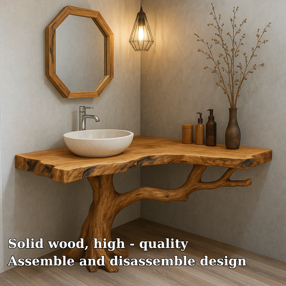 Handcrafted Solid Wood Bathroom Vanity – Organic Tree Branch Base with Live Edge Top Kitchnce