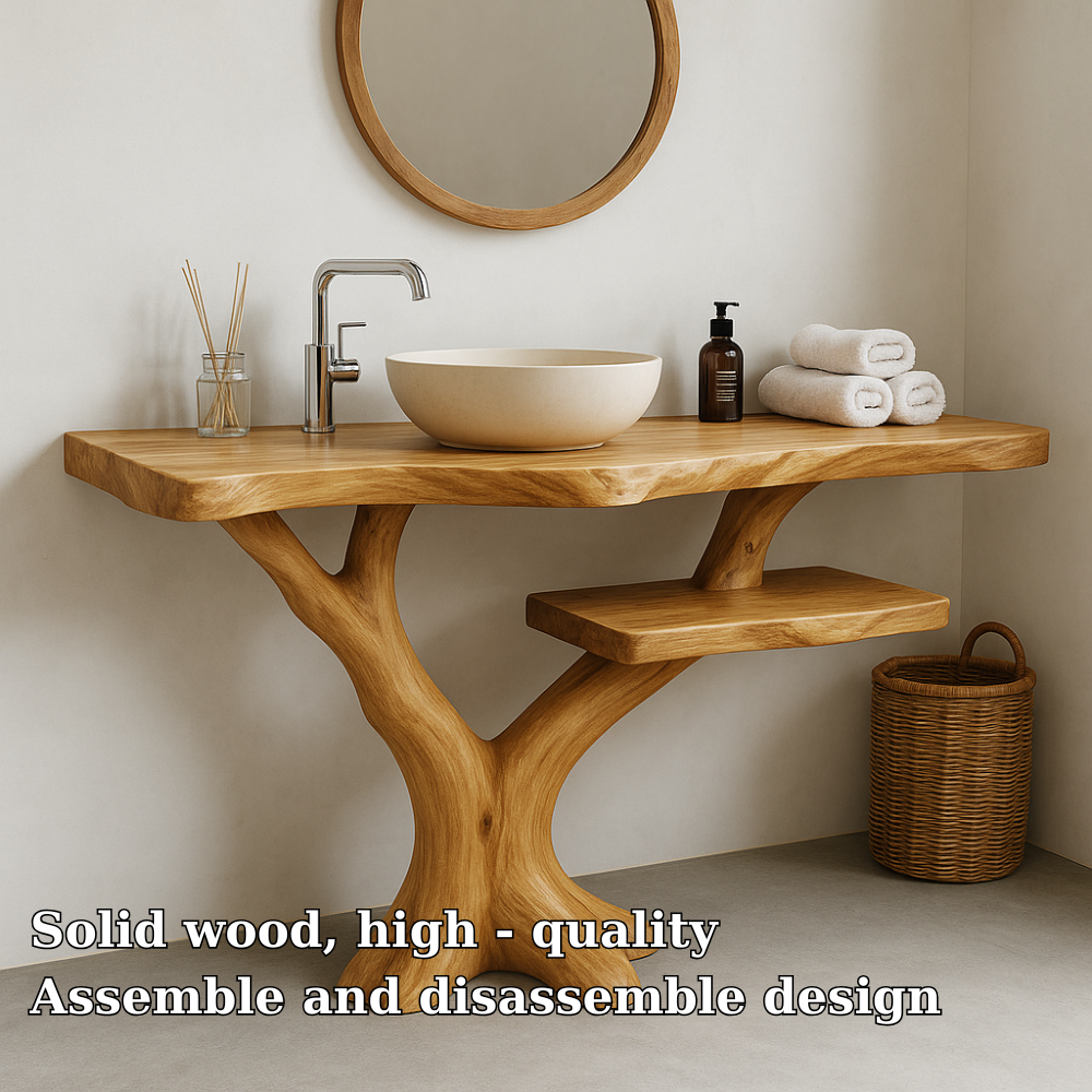 Handcrafted Solid Wood Bathroom Vanity – Natural Tree Form Design with Floating Shelf Kitchnce
