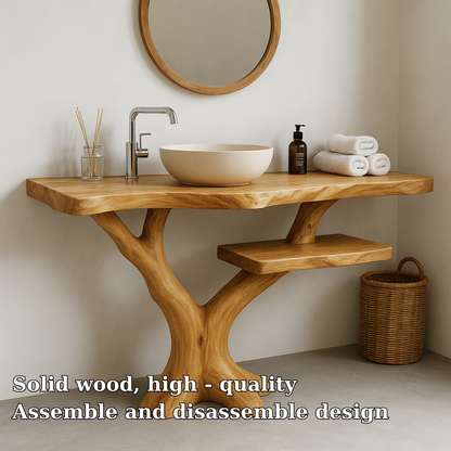 Handcrafted Solid Wood Bathroom Vanity – Natural Tree Form Design with Floating Shelf Kitchnce