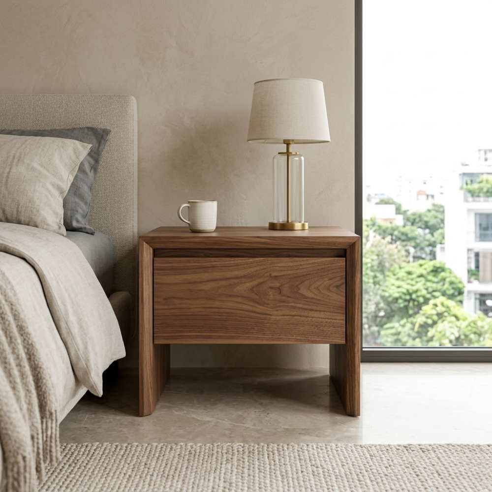 Minimalist Walnut Wood Nightstand | Modern Floating Drawer Table
