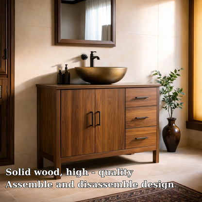 Solid Wood Bathroom Vanity with 3 Drawers and Double Door Cabinet for Storage