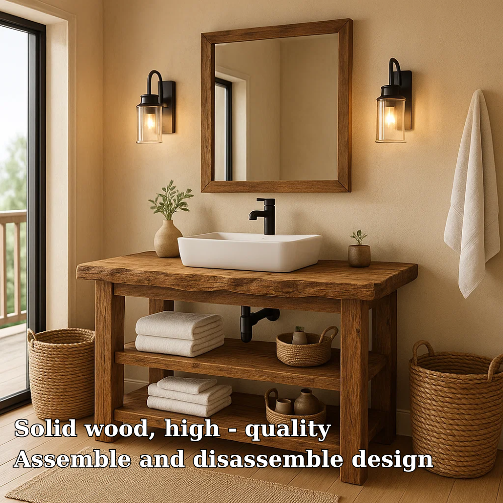 Rustic Solid Wood Bathroom Vanity with Vessel Sink and Open Storage Kitchnce