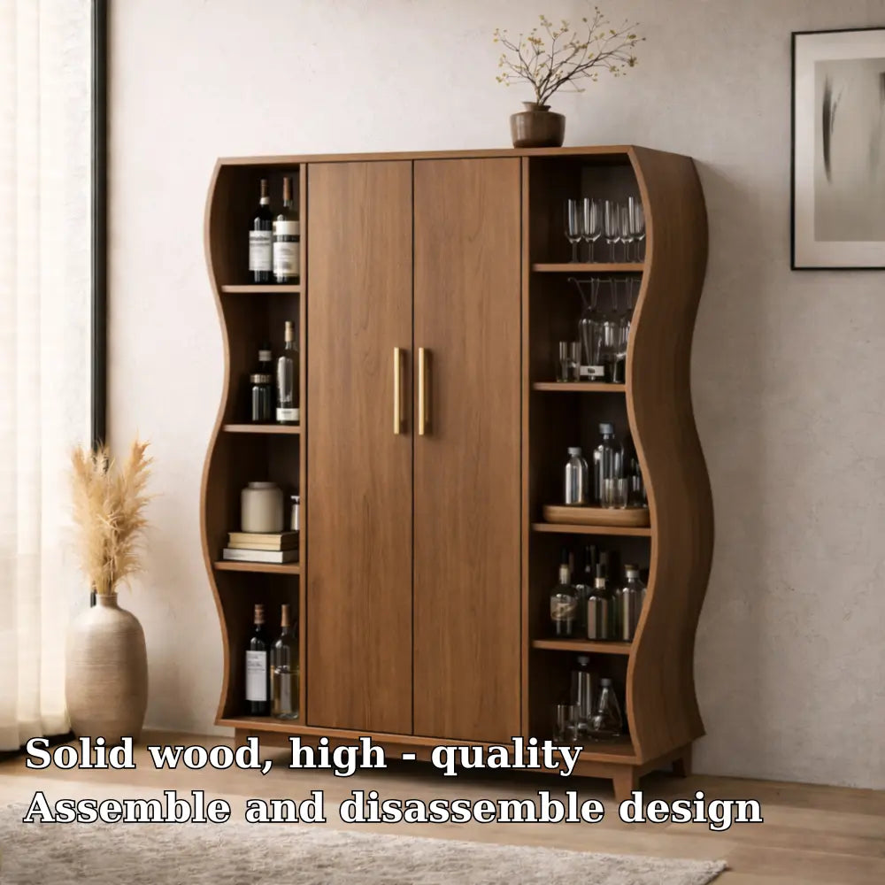 Solid Wood Curved Bar Cabinet with Open Shelves – Modern Walnut Wine Storage Cabinet Kitchnce
