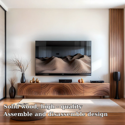 Solid Wood TV Stand Modern Walnut Media Console with Sculpted Wave Storage Cabinet
