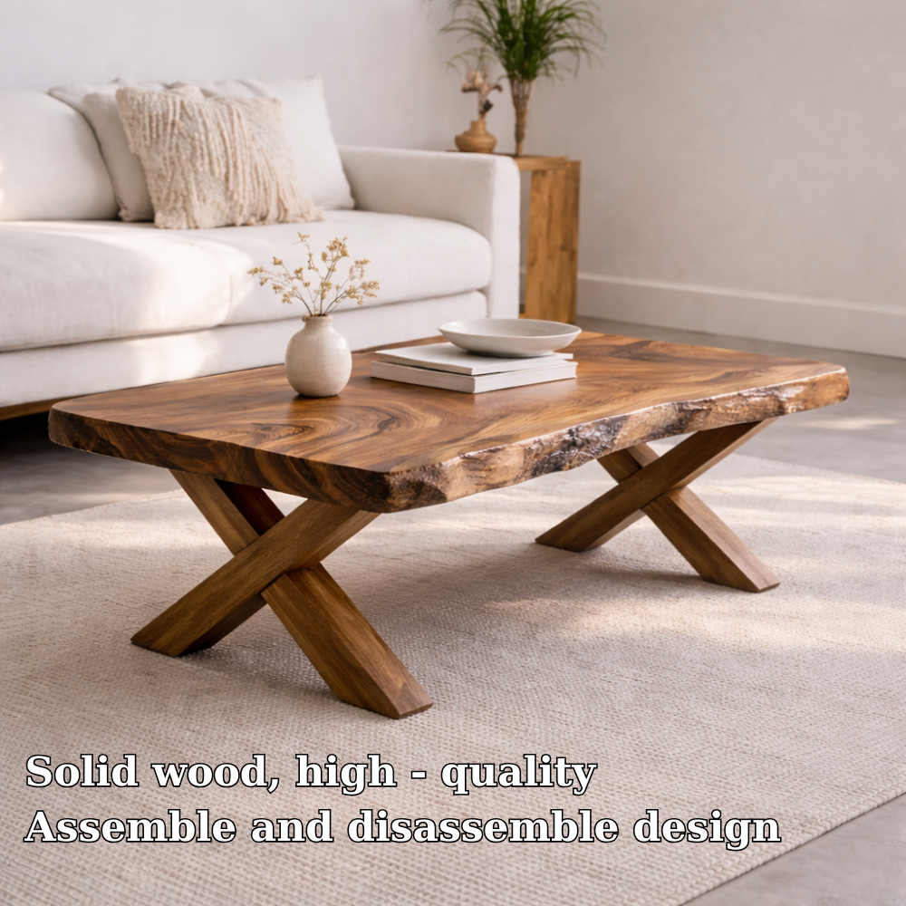 Live Edge Solid Wood Coffee Table with X-Frame Legs – Rustic Modern Living Room Table Kitchnce