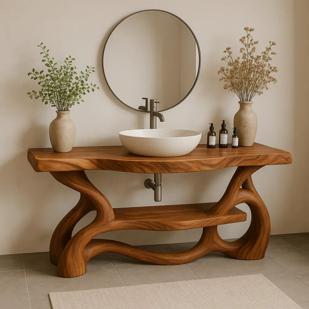 Handcrafted Solid Wood Bathroom Vanity with Sculptural Organic Base – Modern Natural Design Kitchnce