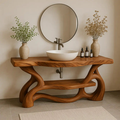 Handcrafted Solid Wood Bathroom Vanity with Sculptural Organic Base – Modern Natural Design Kitchnce