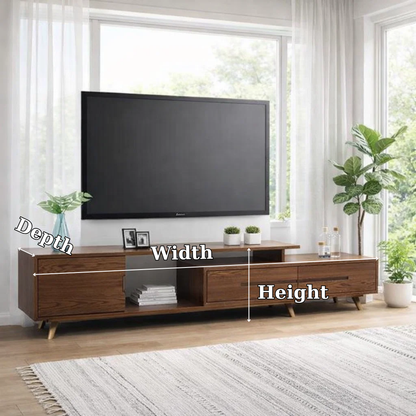 Modern Solid Wood TV Console with Drawers & Open Shelf – Low Media Unit