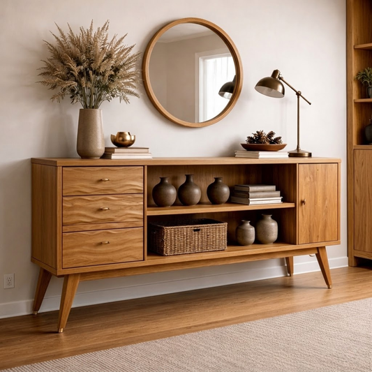 Mid-Century Modern Walnut Console Cabinet -Storage with Elegant Wave Design