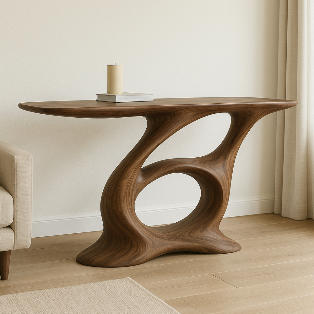 Handcrafted Solid Wood Console Table – Artistic Modern Design with Sculptural Curved Base Kitchnce