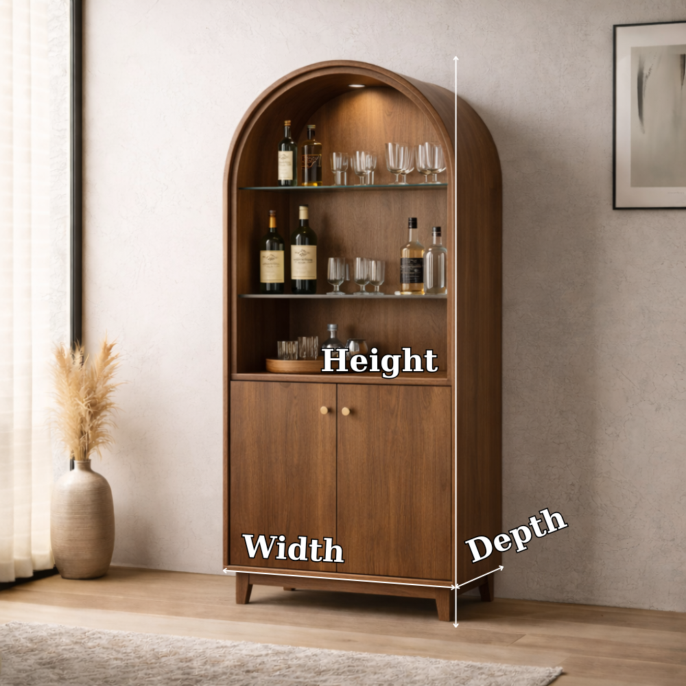 Solid Wood Arched Bar Cabinet with Glass Shelves – Mid-Century Modern Wine Storage
