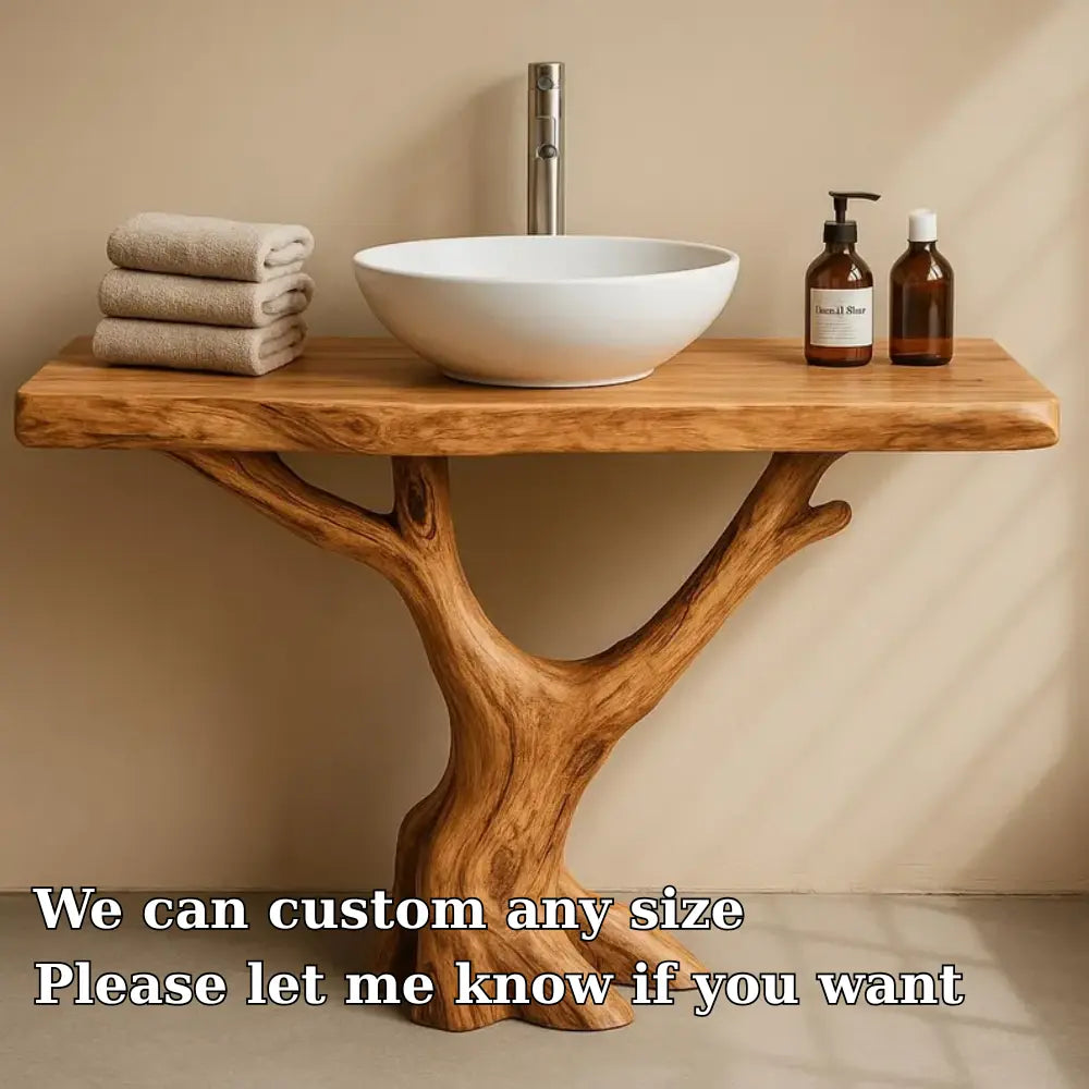 Handcrafted Solid Wood Bathroom Vanity with Tree Trunk Base – Organic Minimalist Sink Stand Kitchnce