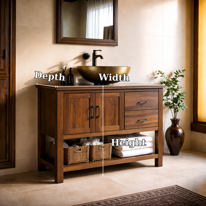 Solid Wood Bathroom Vanity with Drawers, Cabinet Doors & Open Shelf Storage