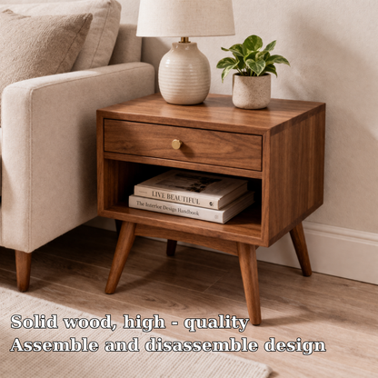 Solid Wood End Table with Drawer and Shelf – Mid Century Modern Bedside Table