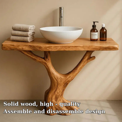 Handcrafted Solid Wood Bathroom Vanity with Tree Trunk Base – Organic Minimalist Sink Stand Kitchnce