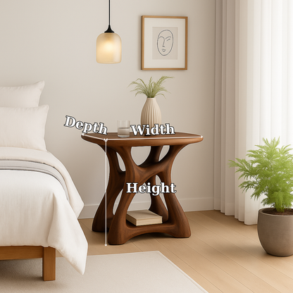 Handcrafted Solid Wood Nightstand – Modern Sculptural Bedside Table with Open Storage Kitchnce