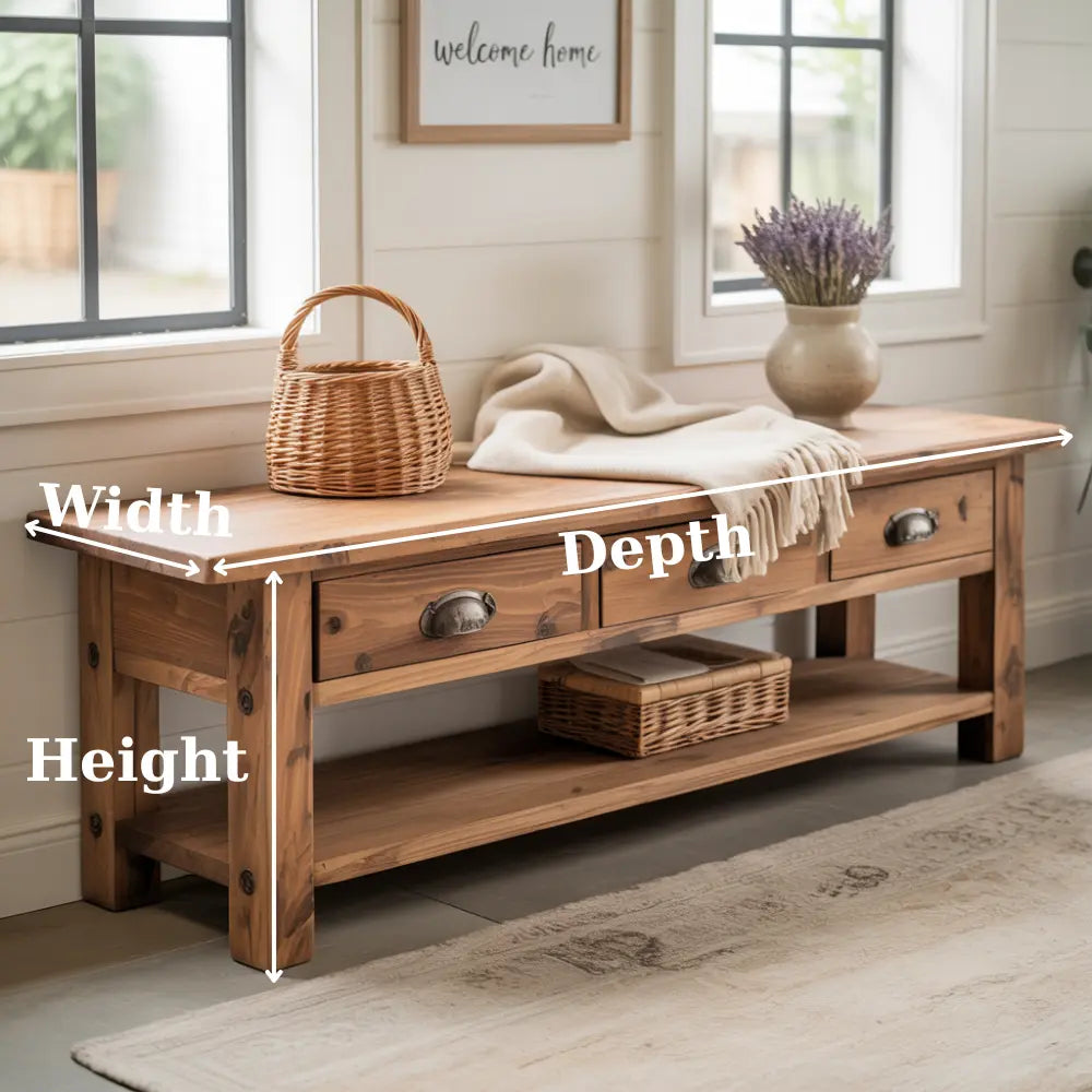 Handcrafted Solid Wood Bench – Rustic Entryway Bench with 3 Drawers & Shelf Kitchnce