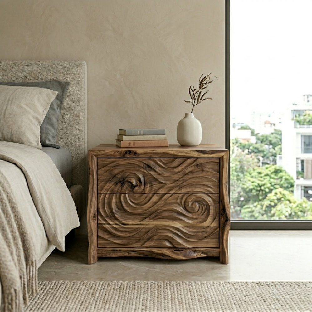 Hand-Carved Wave Wood Nightstand | Organic Modern Bedside Table