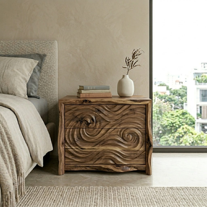 Hand-Carved Wave Wood Nightstand | Organic Modern Bedside Table