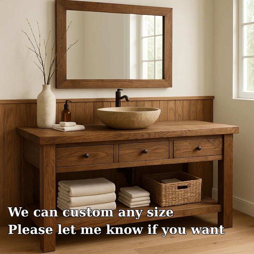 Solid Wood Bathroom Vanity with Drawers and Open Shelf Rustic Single Sink Vanity