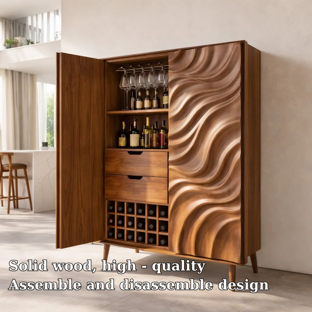 Solid Wood Bar Cabinet with Wine Rack – Modern Liquor Storage Cabinet