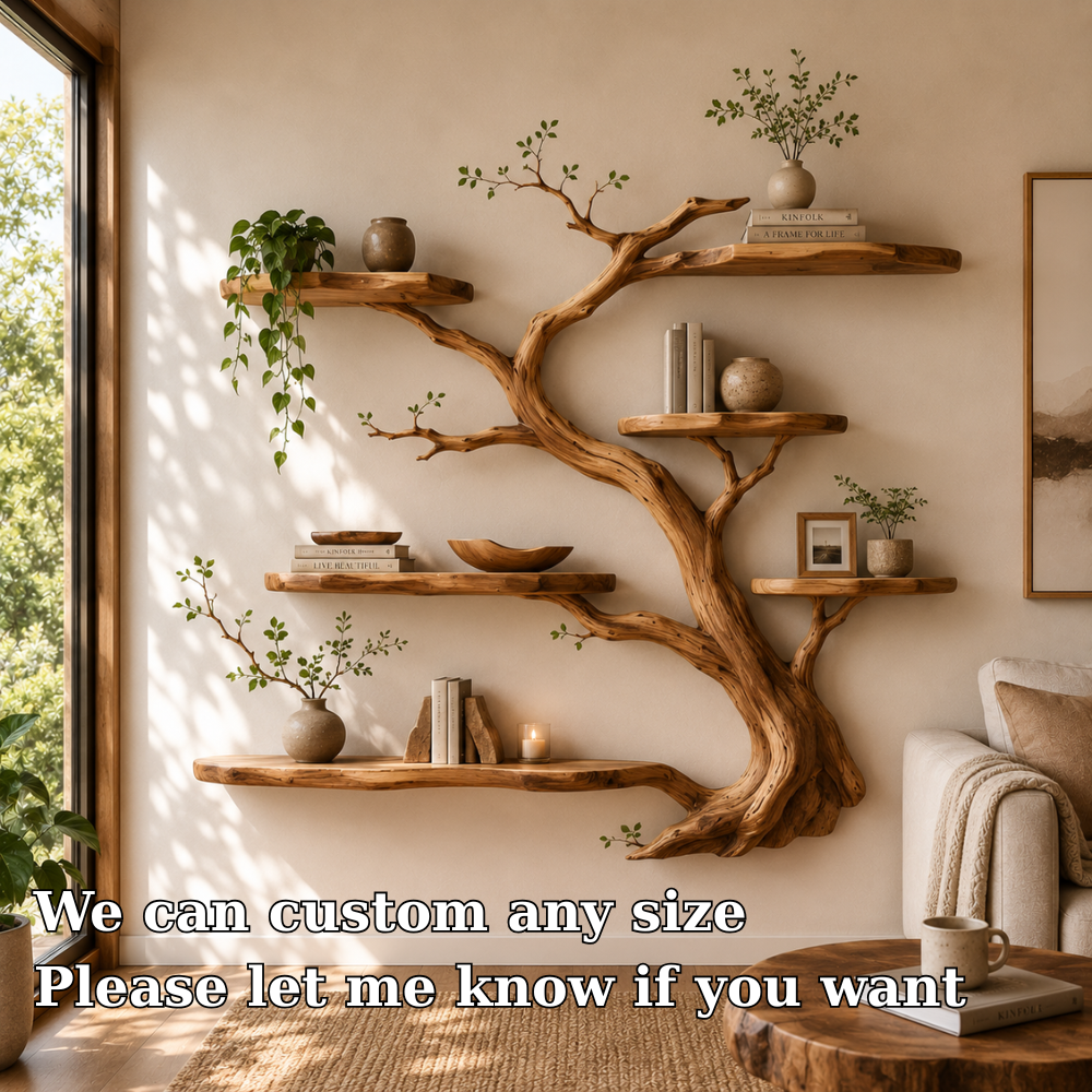 Organic Solid Wood Tree Bookshelf Floating Wall Shelf Handmade Rustic Home Decor