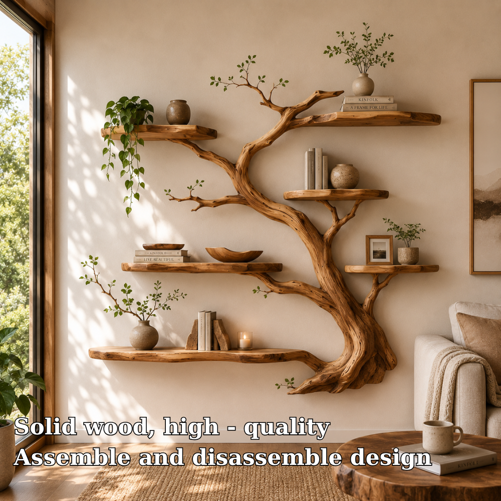 Organic Solid Wood Tree Bookshelf Floating Wall Shelf Handmade Rustic Home Decor