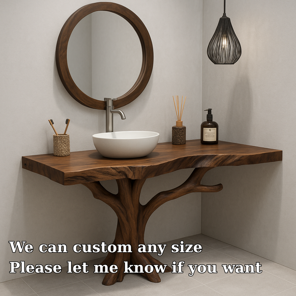 Handcrafted Solid Wood Bathroom Vanity – Organic Tree Branch Base with Vessel Sink Design Kitchnce