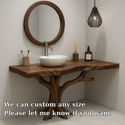 Handcrafted Solid Wood Bathroom Vanity – Organic Tree Branch Base with Vessel Sink Design Kitchnce