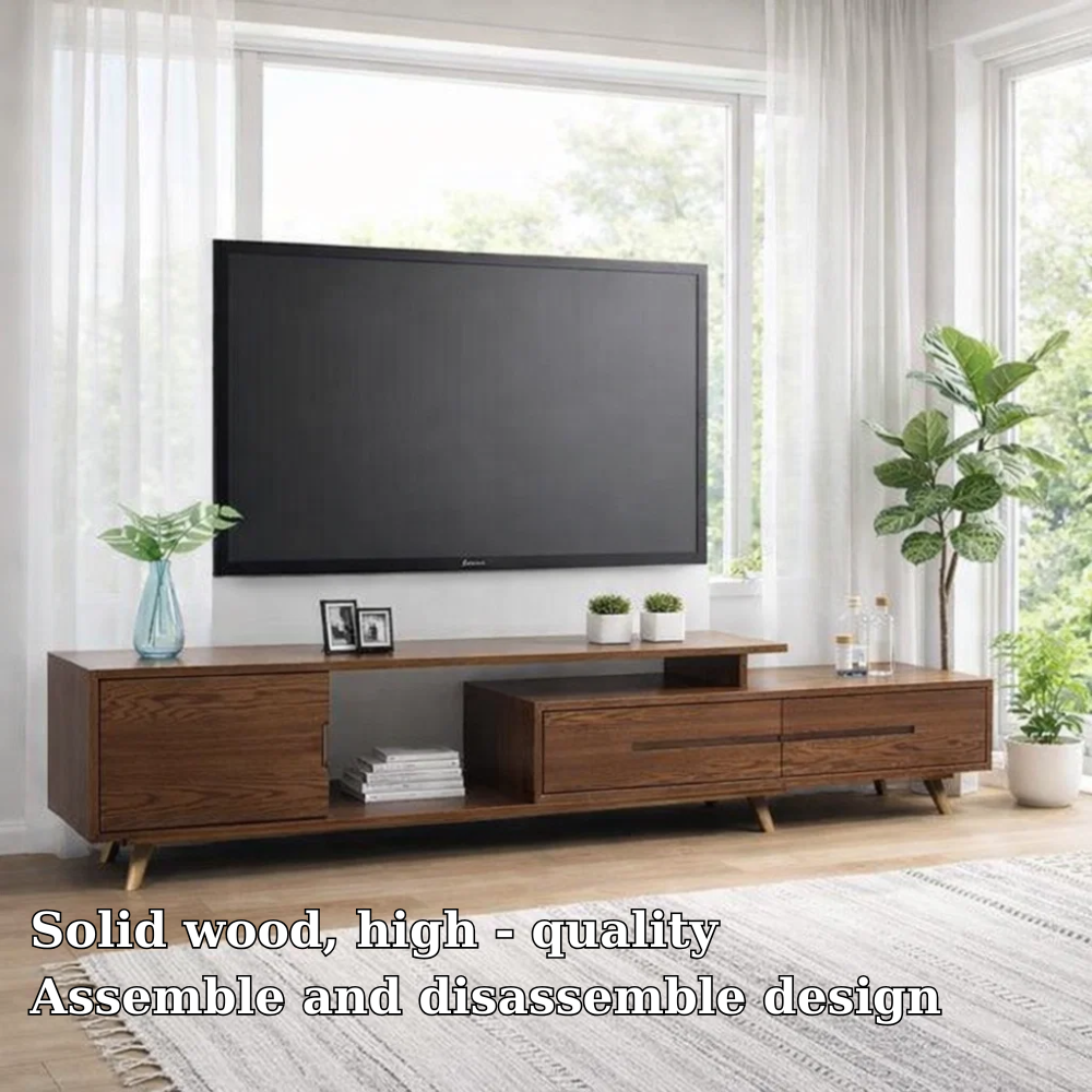 Modern Solid Wood TV Console with Drawers & Open Shelf – Low Media Unit