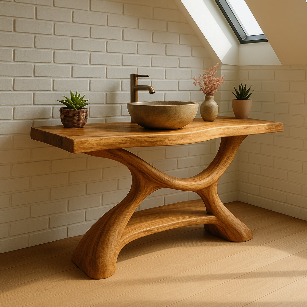 Handcrafted Solid Wood Bathroom Vanity – Sculptural Organic Design with Smooth Natural Finish Kitchnce