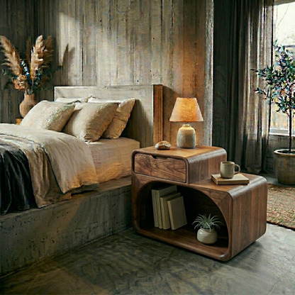 Solid Wood Nightstand with Drawer & Open Shelf – Modern Curved Bedside Table