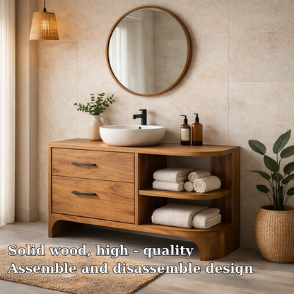 Solid Wood Bathroom Vanity with Drawers and Open Shelf – Modern Bathroom Vanity Cabinet