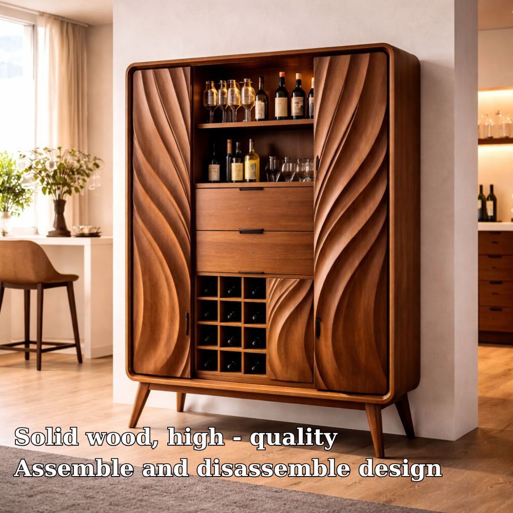 Modern Solid Wood Bar Cabinet with Sculpted Wave Doors and Wine Storage