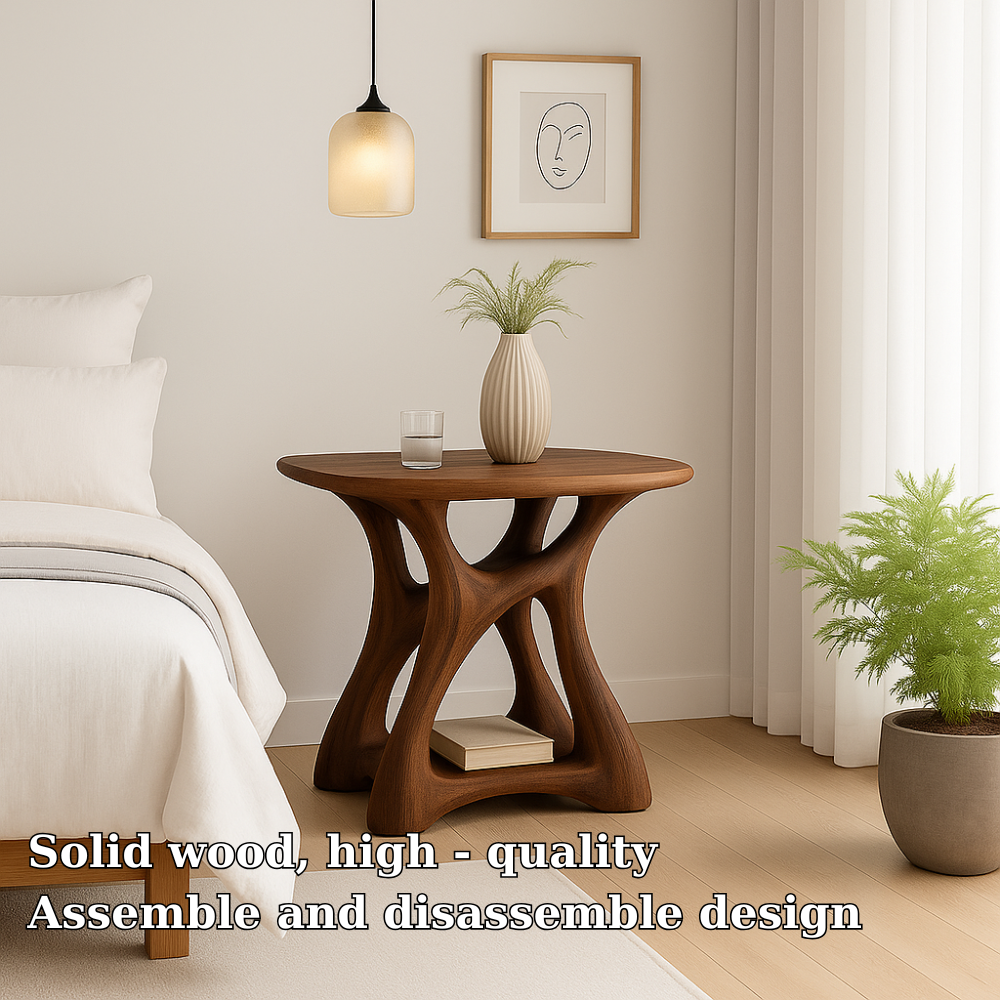 Handcrafted Solid Wood Nightstand – Modern Sculptural Bedside Table with Open Storage Kitchnce