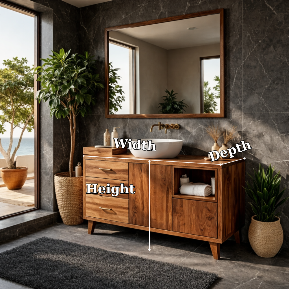 Solid Wood Bathroom Vanity with Drawers & Open Shelf – Modern Walnut Vanity Cabinet