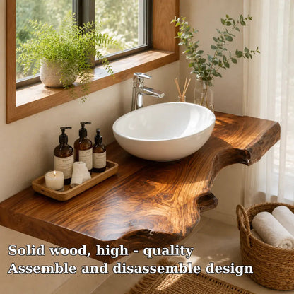 Live Edge Floating Vanity Shelf | Rich Grain Solid Wood Bathroom Counter Kitchnce